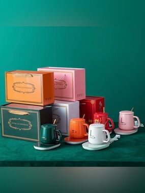 Electric Ceramic Mug Warmer Set - Green, Orange, White (Lucky)
